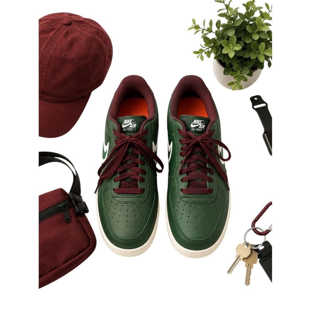 Nike Air Force 1 Low Green Burgundy White Leather Sneakers Mens 7.5 Classic GUC